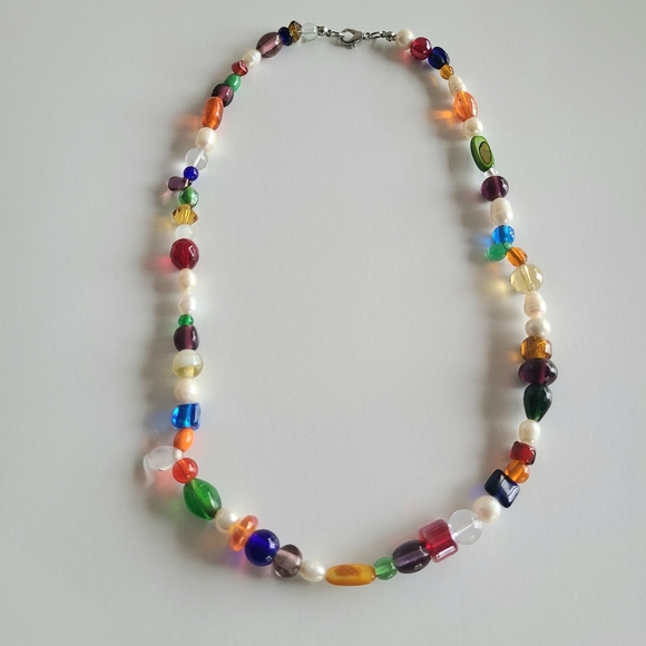 Rainbow Glass Bead And Freshwater Pearl Necklace - Picture 7 of 7